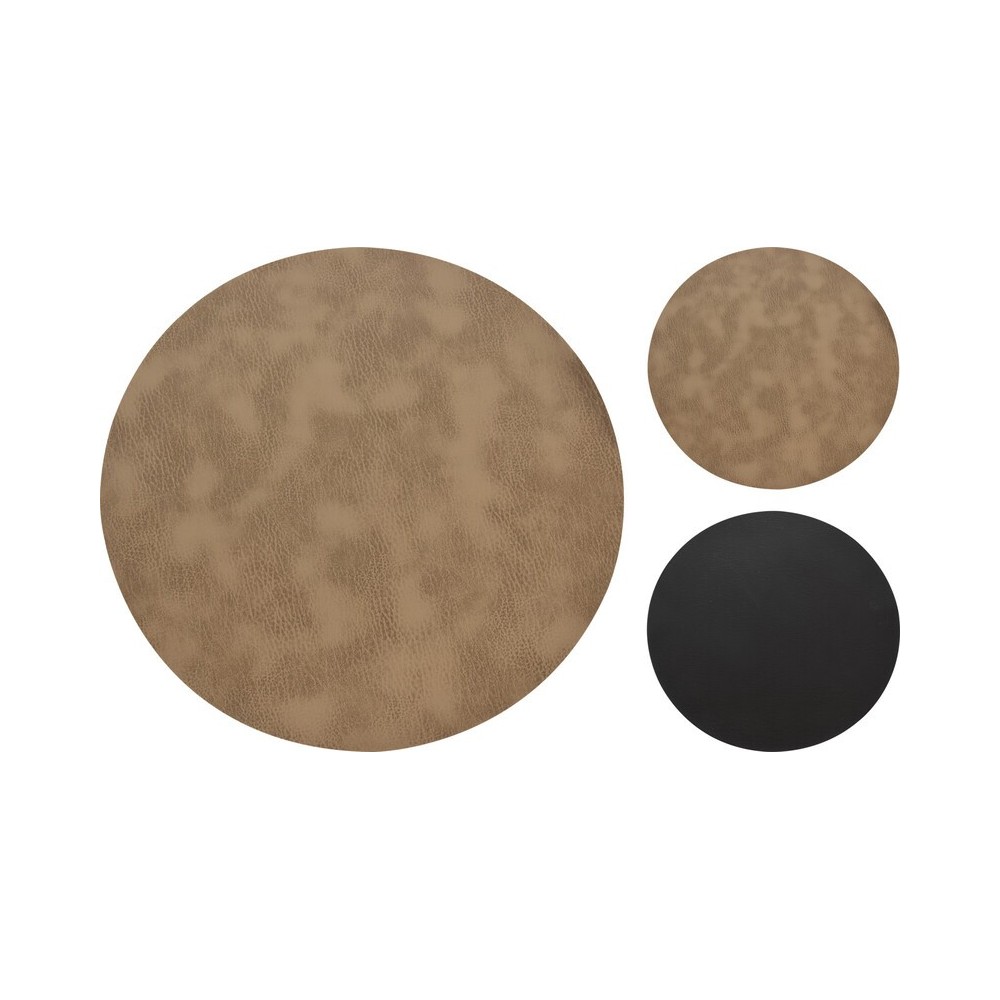 SET DE TABLE ROND 38 CM  EFFET CUIR BEIGE/NOIR