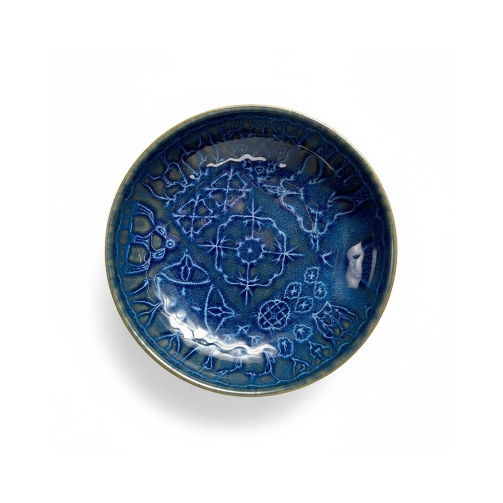 ASSIETTE CREUSE BLEU MOTIF FLORAUX EN GRÈS CÉRAMIQUE 22 CM